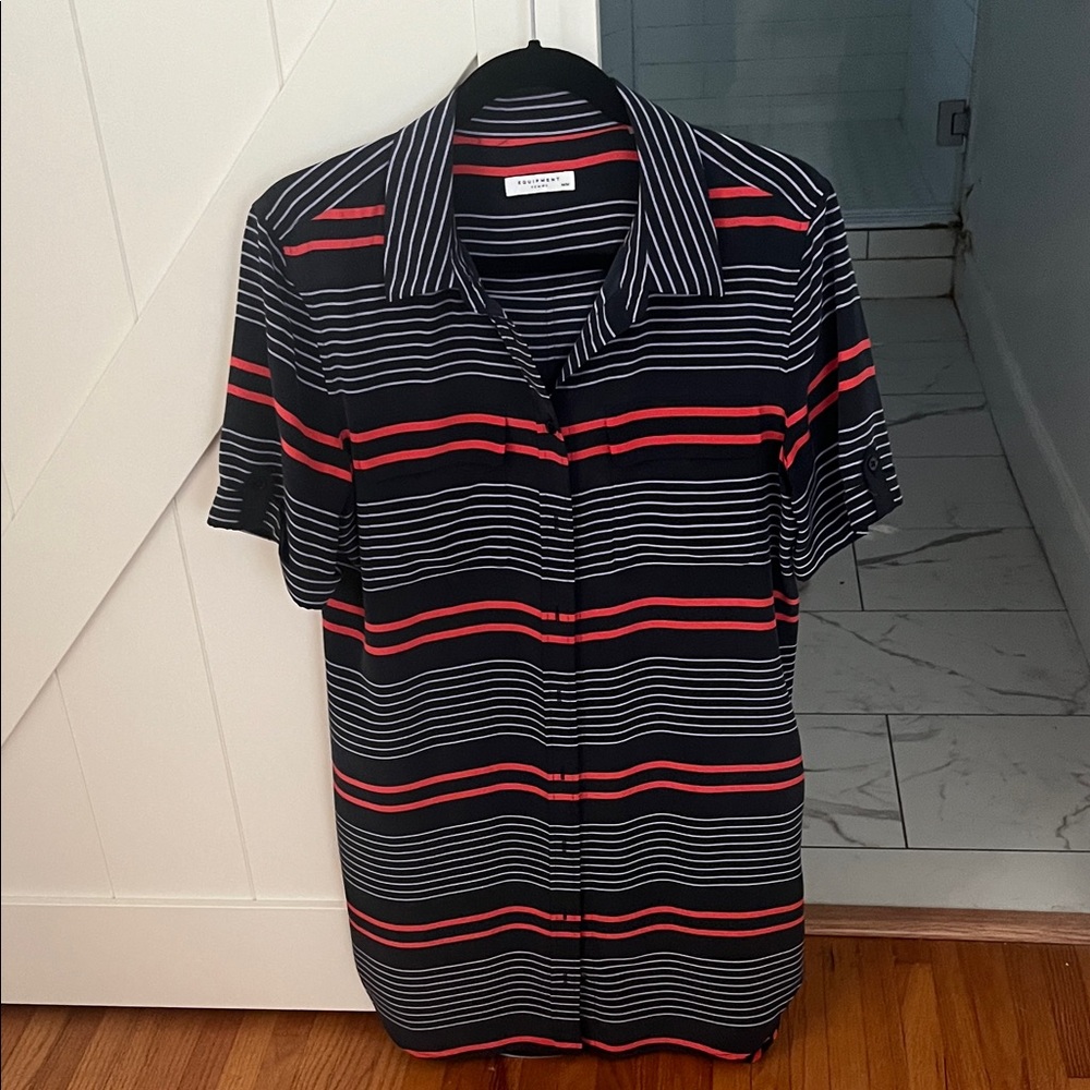 Equipment Silk Women's Navy and Red Striped Button-Down Shirt